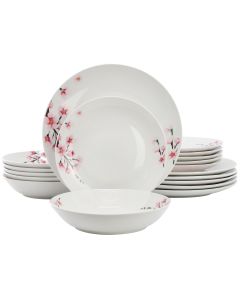 Elama Tamara 18 Piece Cherry Blossom Porcelain Dinnerware Set, Service for 6 in White and Pink