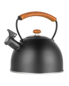 MegaChef 3.2 Quart Whistling Tea Kettle with Wood Grain Nylon Cool Touch Handle, Matte Black